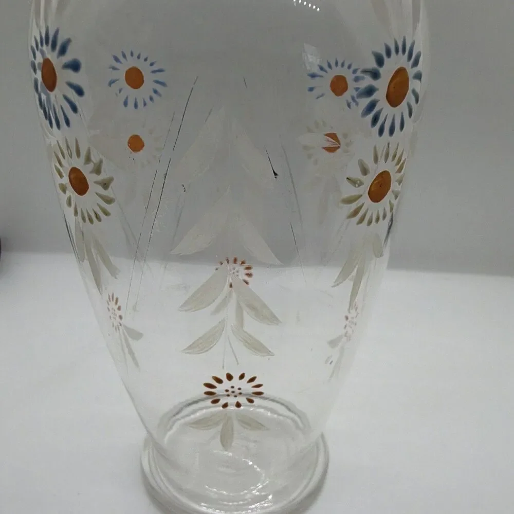 Vintage Handpainted  Floral Clear Glass Decanter Set w/ Lid/Stopper, 2pc